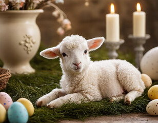 Fototapeta premium little lamb among Easter decorations