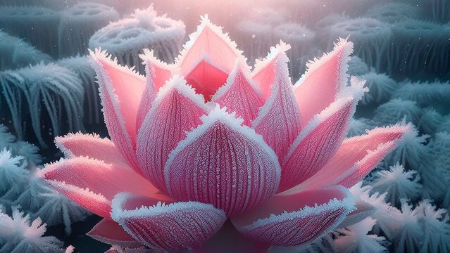 A large blossoming lotus flower pink covered in frost