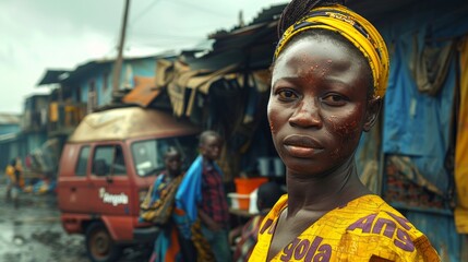 Unidentified Angola woman in yellow shirt poses at the local market. - obrazy, fototapety, plakaty