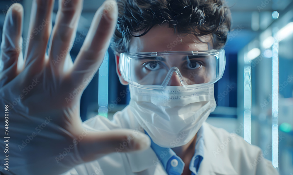 Wall mural shows stop gesture by hand. male doctor scientist in lab coat, defensive eyewear and mask - Wall murals