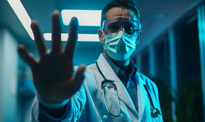 Shows stop gesture by hand. male doctor scientist in lab coat, defensive eyewear and mask