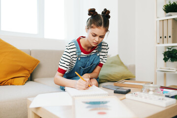 Artistic Teenage Girl Painting a Cute Portrait on Sofa: A Creative Home Hobby