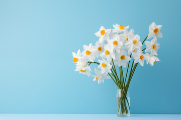 A bouquet of Narcissus on a simple light blue background - obrazy, fototapety, plakaty