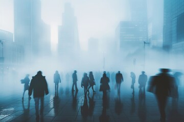 Fototapeta na wymiar Group of People Walking Down a Foggy City Street
