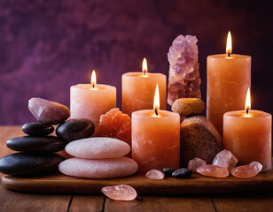 Obraz na płótnie Canvas dark purple backgroud for a medical aesthetic spa, himalayan salt, hot stones, candles pricing list