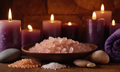 dark purple backgroud for a medical aesthetic spa, himalayan salt, hot stones, candles pricing list - obrazy, fototapety, plakaty