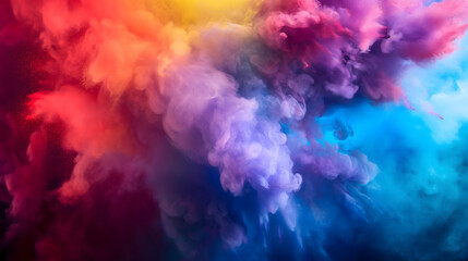 Vibrant colorful blue, red and purple smoke floating on black background. Suitable for overlay quote or text on it for Holi festival presentations or banner design.