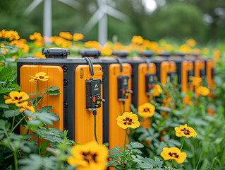 Electricity charging station with yellow flowers in the field. Ecological concept