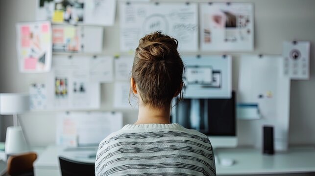 Rear view of woman looking at Vison board hanging on the wall in an apartment, blurred table, computer on background