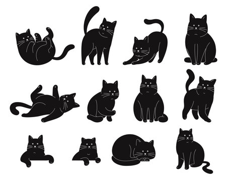 Set of silhouettes of cats. Funny cartoon black cats in different poses. Funny pets. Vector illustration