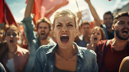 A photorealistic image of a group of people protesting for independence. The faces of the people expressive and determined. The signs and flags brightly colored and waving in the wind.