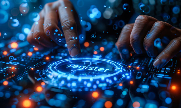 Businessperson interacting with a digital interface pressing a register now button, symbolizing online registration and modern technology engagement