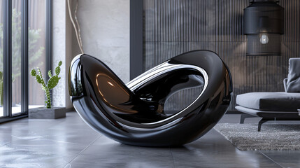 Abstract interior with glossy black sculpture. 3D il - obrazy, fototapety, plakaty