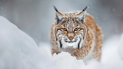 Bobcat in snow, captive, Montana.
