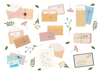 A collection of various postal letters. Open and closed envelopes with letters. An envelope with a postage stamp, a handwritten letter, a greeting card. Vector illustration