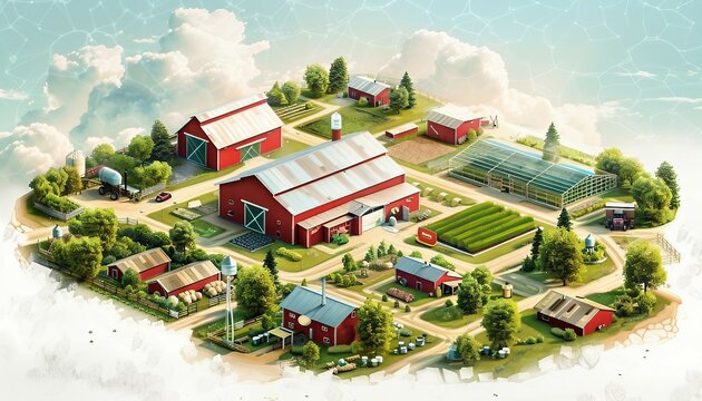 Agricultural Facility Blueprinting, blueprinting for agricultural facility projects with an image featuring farmers and agricultural engineers designing barns, AI