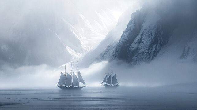 Boats sailing in the sea under the foggy and freezing.