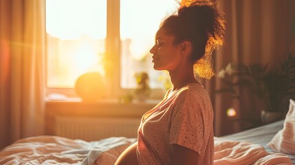 Tranquil and joyful woman giving birth at home, surrounded by a peaceful atmosphere, capturing the serene beauty of home childbirth