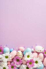Luxe Easter arrangement photographed from vertical top view, including eggs, fresh flowers, and confetti on a pastel purple backdrop, with space for greetings or adverts