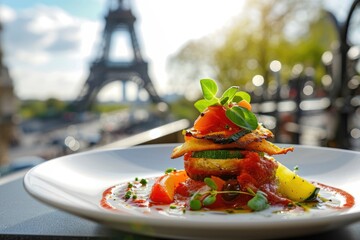 Parisian Culinary Journey: Chef Presents Ratatouille, a Burst of Colors and Flavors, Amidst the Majestic Silhouette of the Iconic Tower.