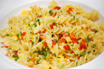 Macaroni with veggies. A sumptuous meal for any time. 
