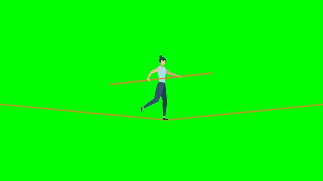 Business risk, professional strategy. Woman walks over the gap as a tightrope walker. Woman walking tightrope. Funambulist. Balance-master. 2d flat animation. Alpha channel. Chroma key. Green screen