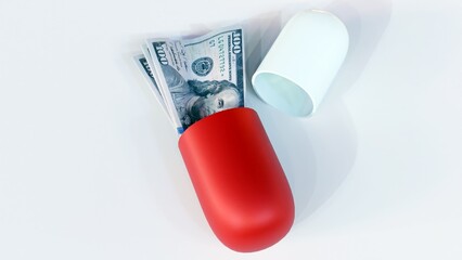 3d rendering of hundred dollar bills and a drug capsule