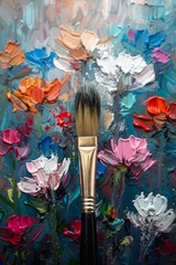 Brush on a background of oil paint flowers, artist, selective focus
