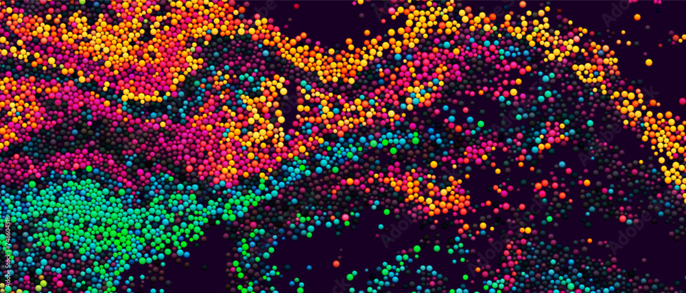 Wall mural colorful gradient dots randomly flowing and swirling in liquid stream. chaotic motion of small color