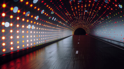 tunnel with lights and reflections on the floor.