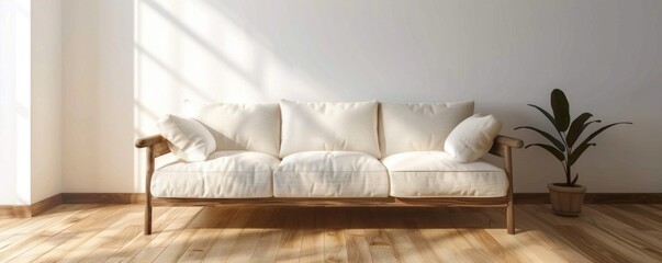 white sofa in a room with wooden floor and light walls