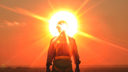 A conceptual image of a worker standing in front of a rising sun. The worker silhouetted against the sun. The sun's rays shining brightly.