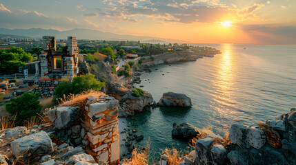 A historic coastal town, with ancient ruins overlooking the sea as the background, during golden hour