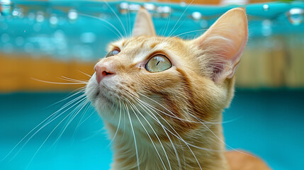 Orange cat with blue eyes looking