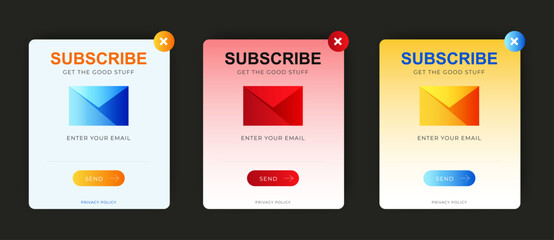 Modern Email Subscription form pop up banners. Professional web design, full set of elements. User-friendly design materials.