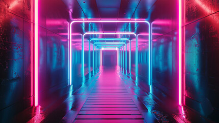 A glowing neon tunnel, with blue and pink lights.