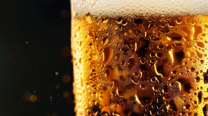 Closeup glass of beer on a dark background. Yellow liquid with bubbles and foam in a glass.
