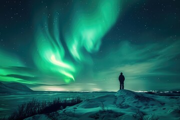 Mesmerized in Kiruna: A Man's Spellbinding Encounter with the Stunning Northern Lights, Bathed in Celestial Beauty Amidst Arctic Skies.