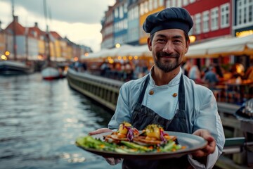 Savoring Tradition: Chef Showcases the Delights of Smørrebrød Against the Picturesque Backdrop of Nyhavn Harbor in Copenhagen.