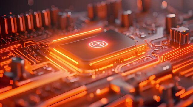 Energy Technology Concept with low battery symbol on a Microchip. Orange Neon Data flows between Users and the Battery across a Futuristic Motherboard. 3D render.
