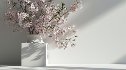 Mockup minimalist design of blooming sakura branches in a white vase in a white room with copy space