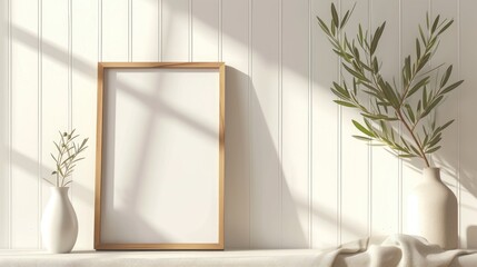 Blank vertical wooden poster frame standing mockup on a white wall near a white vase of olive leaves and beige fabric over a white table - obrazy, fototapety, plakaty