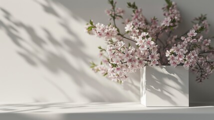 Empty room with pink Sakura flowers in white box vase with Copyscape. 3D mockup of minimalist room