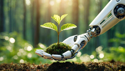 Close-up of a humanoid robot hand holding a small plant with green leaves in a forest. Green technology and environmental conservation concept. Generative Ai.