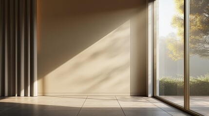 Sunlight casting geometric shadows on a clean floor, framed by large windows and curtains, perfect for real estate, architectural designs, and minimalist decor themes.