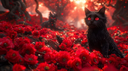 Halloween background with black cat and red flowers. Halloween concept.