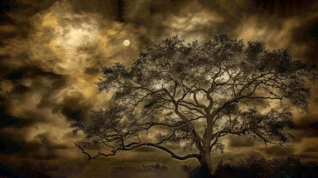 a painting of a tree with a full moon in the background and a dark cloudy sky with clouds in the foreground.