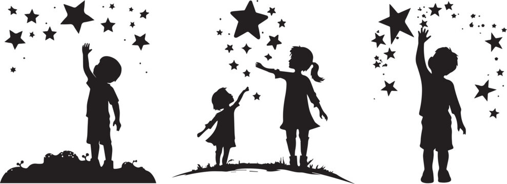 reaching for the stars, children stretching towards the stars in the night sky, black vector illustration