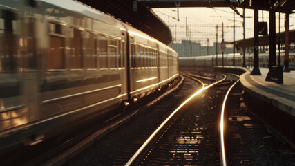 Fototapeta na wymiar Speeding train rounds a bend, the golden hour illuminates its sleek metallic contours.