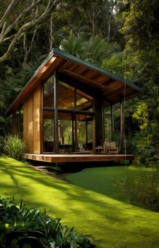 A quaint little minimalist cabin standing in the rainforest of Gondwana.